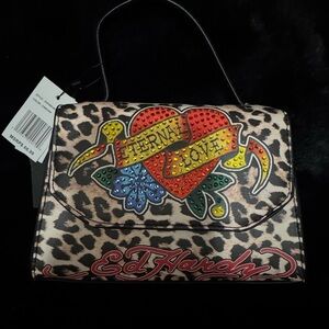Ed Hardy Leopard Print Shoulder Bag with Heart and Floral Design